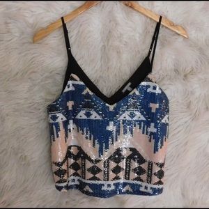Semi-crop sequined tank top